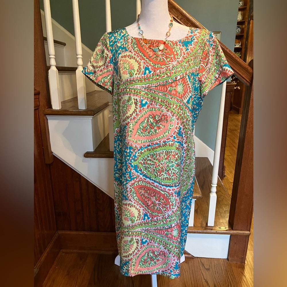 Talbots Silk Coastal Paisley Shift Dress Sz 8 Coral/Teal/Lime Lined